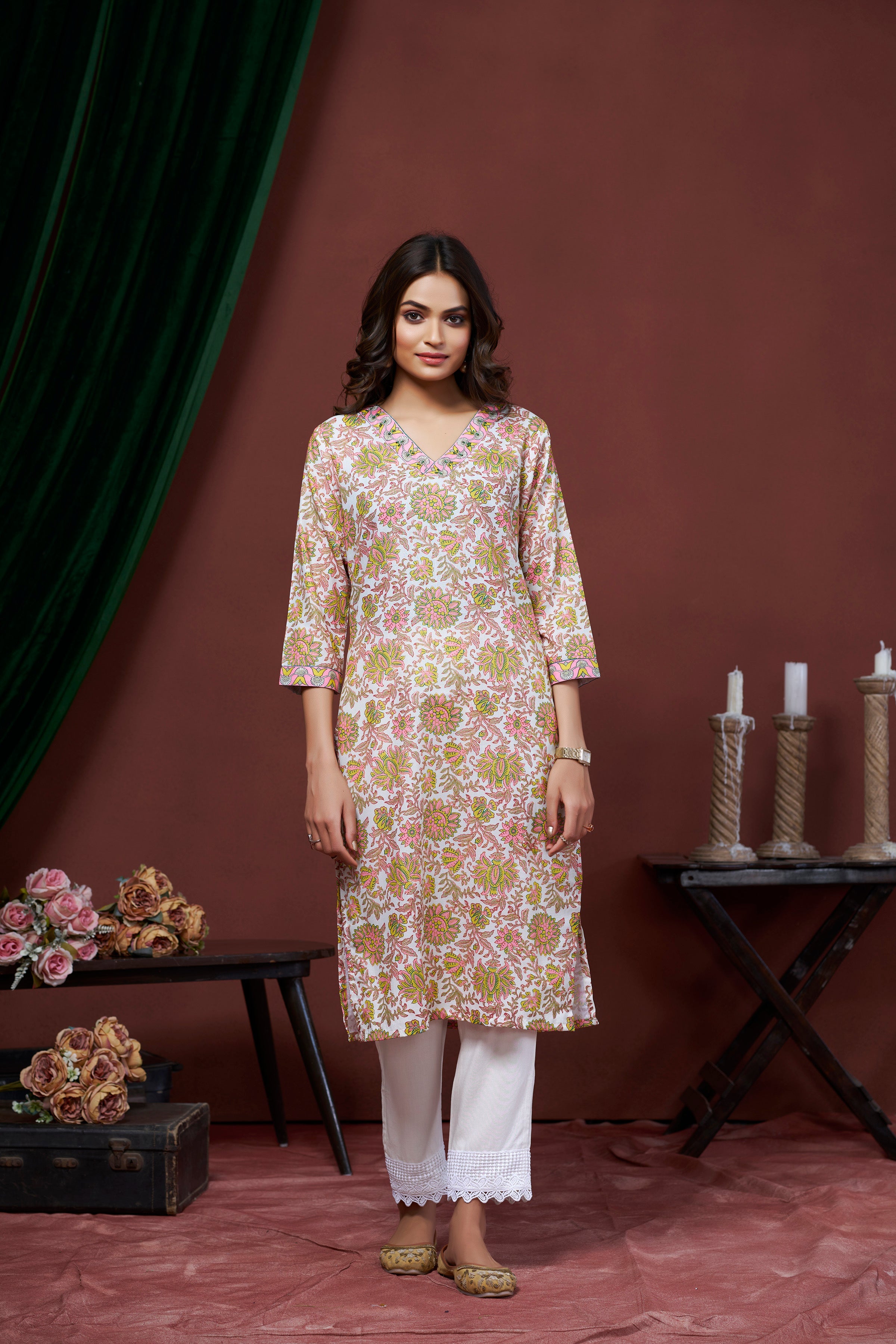 Yellow Cotton Linen Printed Kurti – 3/4 Sleeves with Stylish Neckline